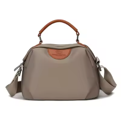 Portable Nylon Cloth with Cowhide Shoulder Bag(Grey)